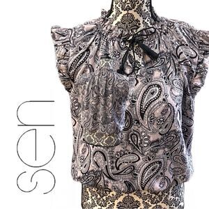 Sen Women’s Short Sleeve Pastel and Silver Metallic‎ Blouse - Size S